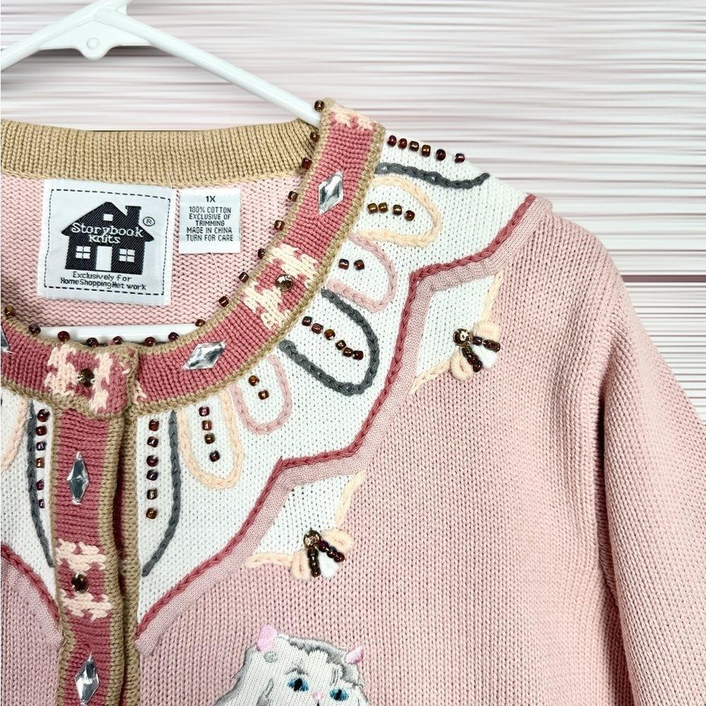 NWT Storybook Knits Cats Design Cardigan Pink Beaded Cotton size 1X Vintage - Picture 4 of 16